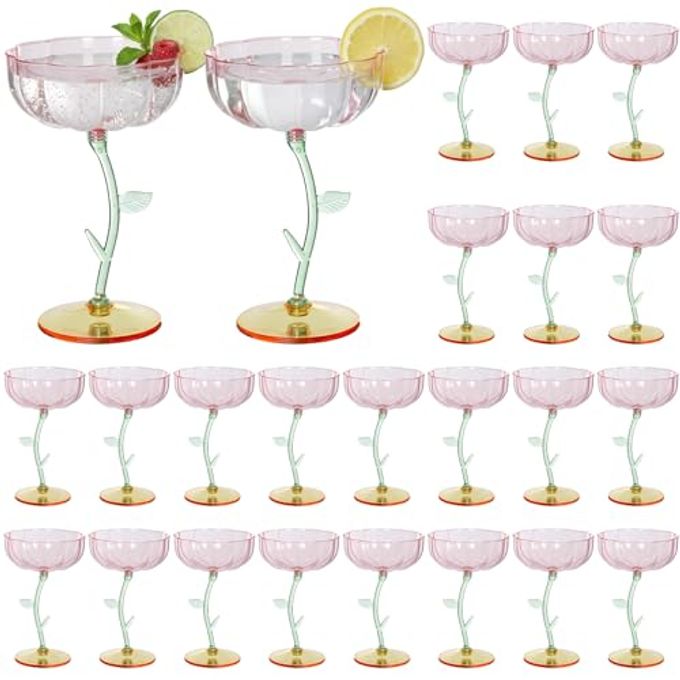 Yiyiring 24 Pcs Flower Detachable Martini Glasses, 7oz Plastic Cocktail Glasses, Flower Edge Wavy Mimosa Champagne Glass Coupe Unbreakable Glassware for Wine Wedding Valentine Party(Pink)