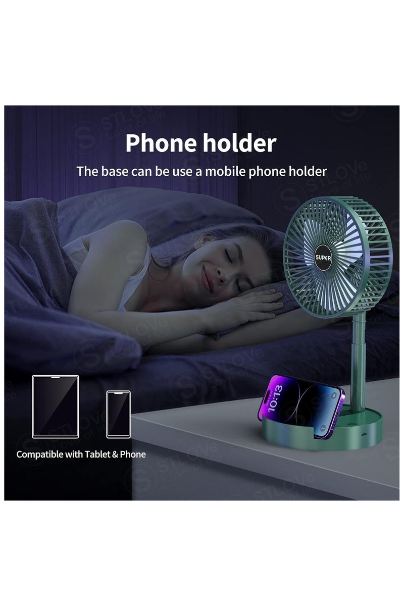 Super Foldable & Retractable Table Fan – USB Rechargeable – 3 Speeds – Low Noise – Built-in LED Light – Compact Design for Home, Office, Camping & Travel – Phone Holder Included – Quiet Operation & Strong Wind – Adjustable Height – Model FS-21 - Image 4