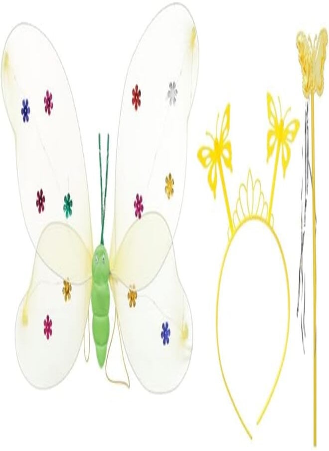 Generic Butterfly Wings for Girls Back with Wand and Bow Headband Light Up Bright Colors - Yellow 
