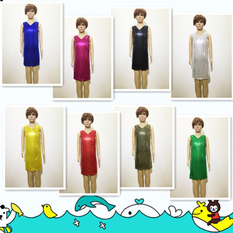 Elastic Sequined Pointed Collar V-Neck Pullover 8-Color Solid Color Performance Baby Girl Dress Slim-Fit Performance Dress - Image 2
