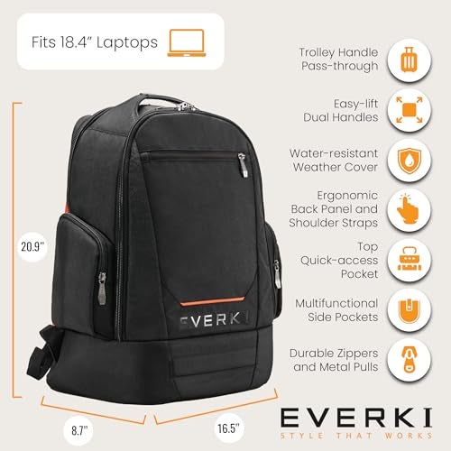 EVERKI ContemPRO 117 Laptop Backpack Fits up to 18.4” – Gaming, 42L Large Travel Backpack with Water-Resistant Rain Cover for Women & Men – Spacious Business Laptop Bag – Black (EKP117B) - Image 5