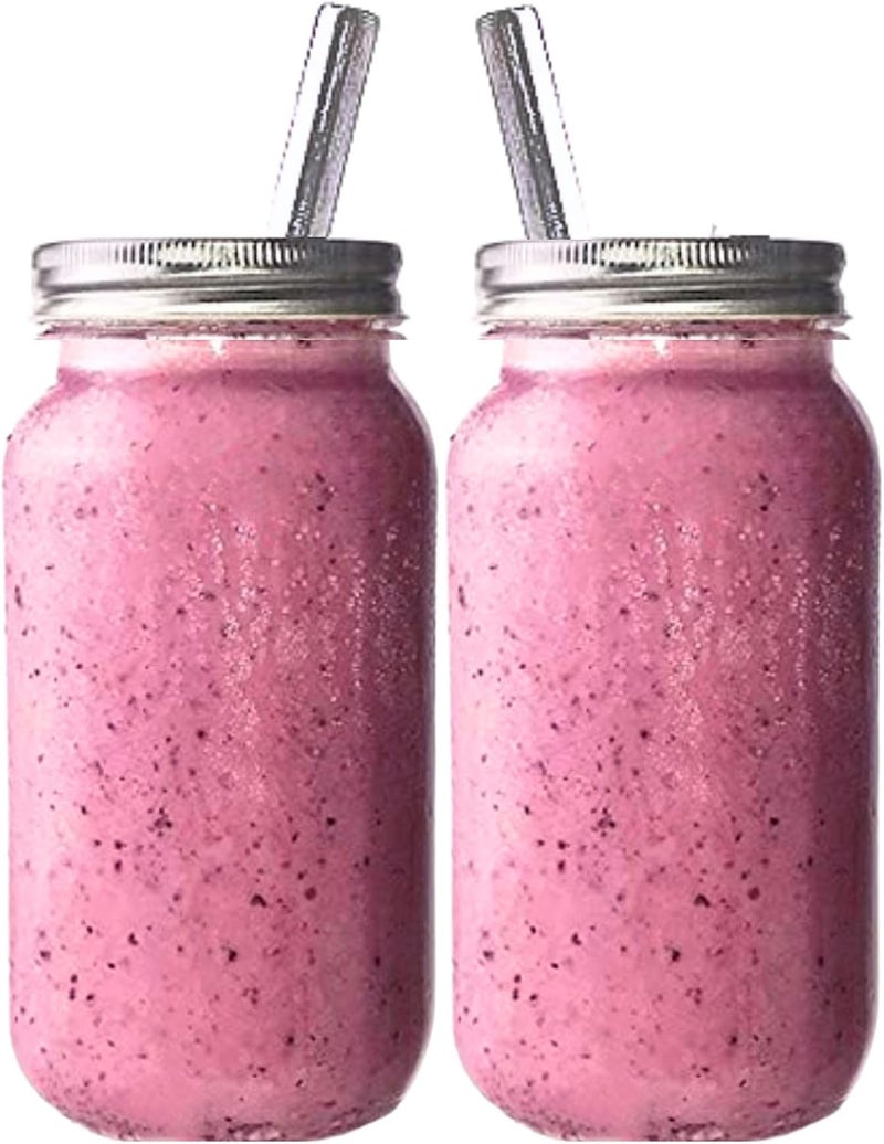 JARMING COLLECTIONS Smoothie Cups Mason Drinking Jar Regular Mouth Glass Mason Jars 24oz Smoothie Cups with Lid and Stainless Steel Straw (2-Silver) 100% Eco Friendly by Jarming Collections (2, 24oz) - Image 1