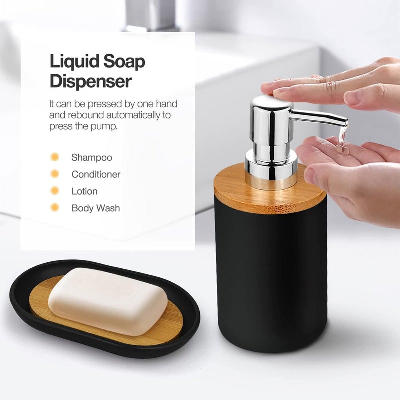 Mimelon 6-pcs Bathroom Accessory Set Bamboo Black Bathroom Set Includes Toothbrush Cup & Holder, Soap Dispenser, Soap Dish, Durable Toilet Brush with Holder - Modern Trash Can (BLACK) - Image 3