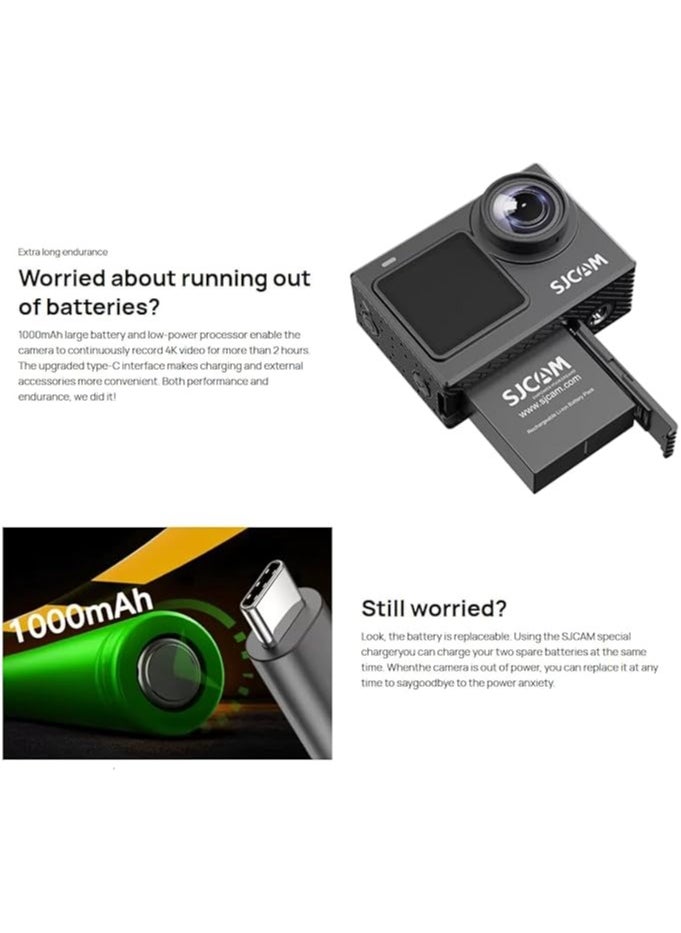 SJCAM SJCAM SJ6 PRO Dual Screen Action Camera | 4K60fps/24MP | 6axis gyro | 165° Ultra Wide | 9:16 Vertical Screen | 8X Zoom | Time-Lapse, Slow Video, Car Mode, Interval Shooting | Black  - Image 3