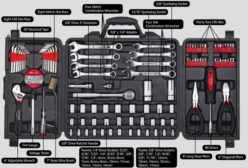Apollo مجموعة أدوات ميكانيكية من أبولو مكونة من 101 قطعة لحالات الطوارئ على جانب الطريق. SAE وميترية للإصلاحات الميكانيكية للقوارب، المركبات الترفيهية، الدراجات، في حقيبة حمل مدمجة - أحمر - DT0006 - Image 3