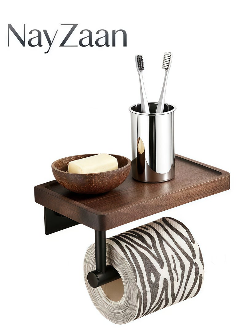 نايزان حامل ورق التواليت مع رف خشبي، حامل ورق التواليت الخشبي المثبت على الحائط، حامل ورق التواليت المثبت على الحائط واللاصق، للاستخدام في الحمامات والمراحيض ومقصورات الاستحمام، حامل هاتف محمول من الفولاذ المقاوم للصدأ الأسود مع رف خشبي من خشب الجوز، مستلزمات ديكور الحمامات المنزلية - Image 1