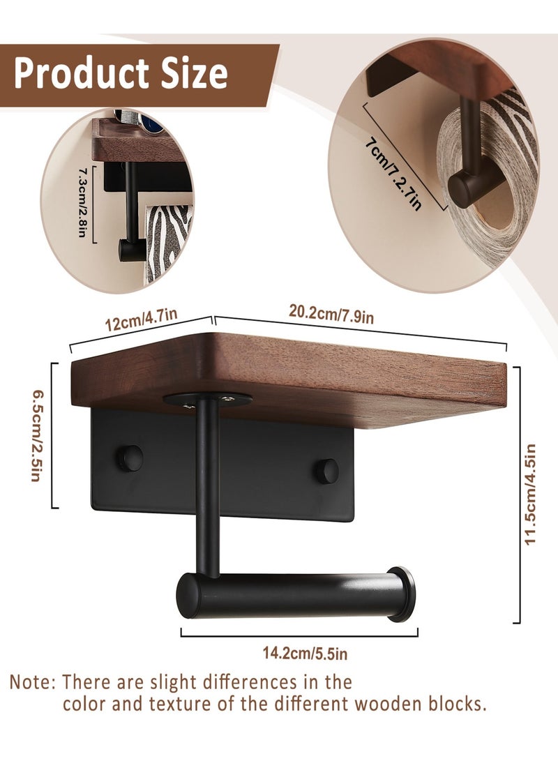 نايزان حامل ورق التواليت مع رف خشبي، حامل ورق التواليت الخشبي المثبت على الحائط، حامل ورق التواليت المثبت على الحائط واللاصق، للاستخدام في الحمامات والمراحيض ومقصورات الاستحمام، حامل هاتف محمول من الفولاذ المقاوم للصدأ الأسود مع رف خشبي من خشب الجوز، مستلزمات ديكور الحمامات المنزلية - Image 2