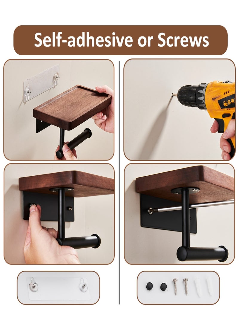 نايزان حامل ورق التواليت مع رف خشبي، حامل ورق التواليت الخشبي المثبت على الحائط، حامل ورق التواليت المثبت على الحائط واللاصق، للاستخدام في الحمامات والمراحيض ومقصورات الاستحمام، حامل هاتف محمول من الفولاذ المقاوم للصدأ الأسود مع رف خشبي من خشب الجوز، مستلزمات ديكور الحمامات المنزلية - Image 4