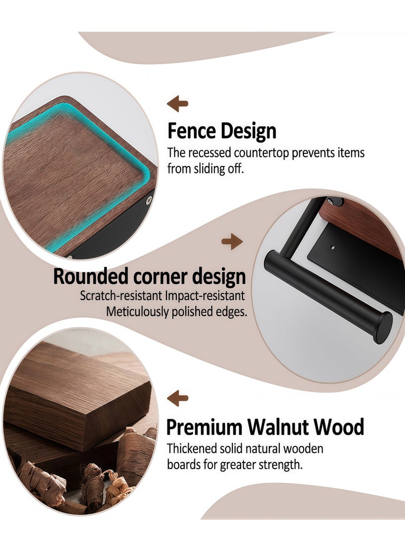 نايزان حامل ورق التواليت مع رف خشبي، حامل ورق التواليت الخشبي المثبت على الحائط، حامل ورق التواليت المثبت على الحائط واللاصق، للاستخدام في الحمامات والمراحيض ومقصورات الاستحمام، حامل هاتف محمول من الفولاذ المقاوم للصدأ الأسود مع رف خشبي من خشب الجوز، مستلزمات ديكور الحمامات المنزلية - Image 3