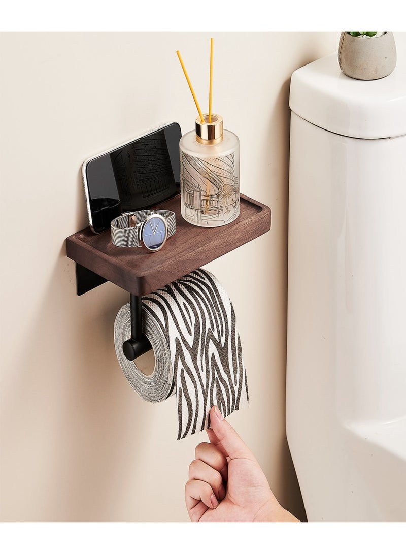 نايزان حامل ورق التواليت مع رف خشبي، حامل ورق التواليت الخشبي المثبت على الحائط، حامل ورق التواليت المثبت على الحائط واللاصق، للاستخدام في الحمامات والمراحيض ومقصورات الاستحمام، حامل هاتف محمول من الفولاذ المقاوم للصدأ الأسود مع رف خشبي من خشب الجوز، مستلزمات ديكور الحمامات المنزلية - Image 5