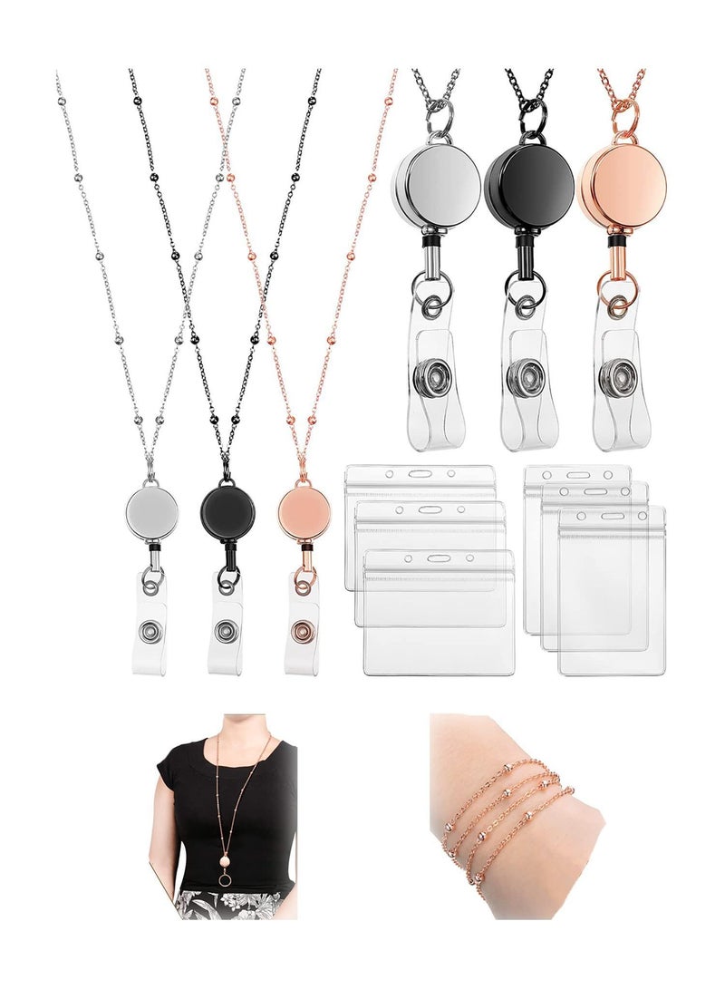 Sweet seven 3 Sets of Beaded Lanyards Waterproof Name Badge Holder Clip Stainless Steel ID Badge Necklace Set  for Office Women and Men (Rose Gold Black Silver) - Image 1