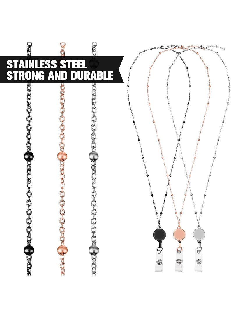 Sweet seven 3 Sets of Beaded Lanyards Waterproof Name Badge Holder Clip Stainless Steel ID Badge Necklace Set  for Office Women and Men (Rose Gold Black Silver) - Image 5
