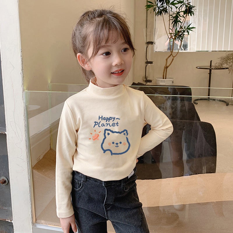 Girls' Velvet Warm T-Shirt Base Shirt Children'S Half-High Collar Long-Sleeved T-Shirt Skin-Friendly Inner Top Trendy - Image 1
