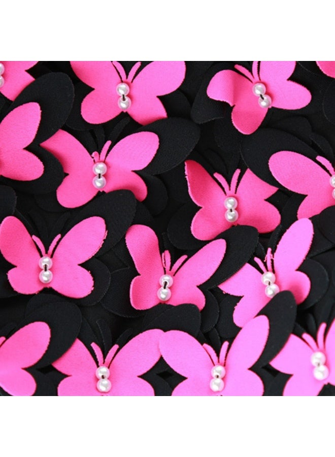 Women Swim Cap Floral Petal Butterfly Retro Style Bathing Caps(BLACK-Pink) - Image 4