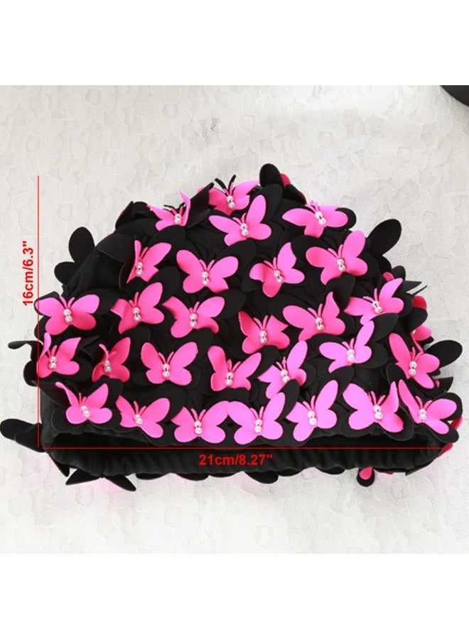 Women Swim Cap Floral Petal Butterfly Retro Style Bathing Caps(BLACK-Pink) - Image 5