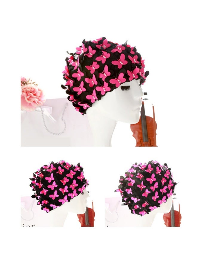 Women Swim Cap Floral Petal Butterfly Retro Style Bathing Caps(BLACK-Pink) - Image 2