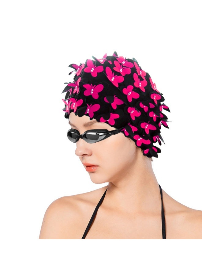 Women Swim Cap Floral Petal Butterfly Retro Style Bathing Caps(BLACK-Pink) - Image 3