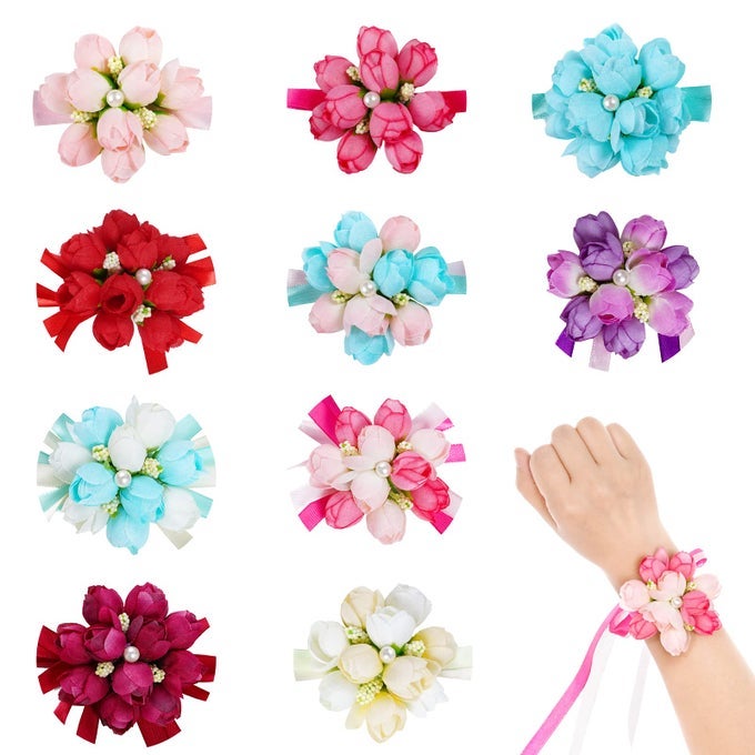 10pcs Artificial Rose Wrist Corsage 10 Color Variety Wrist Flower for Girls Women Bride Wedding Party Plant Decor 10 Units per Package