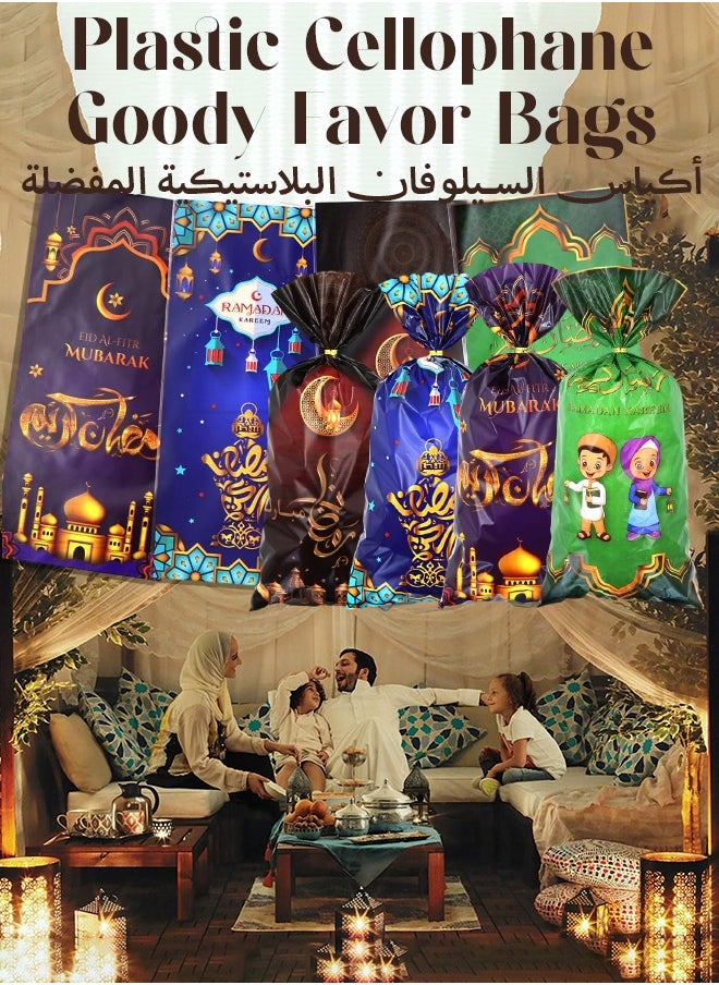 MITOYO 50 Pieces Eid Mubarak Goodie Bags, Muslim Castle Moon Star Pattern Ramadan Treat Bags Cellophane Bags Goody Favor Bags with Gold Twist Ties for Eid Mubarak Ramadan Party Decorations  - Image 4