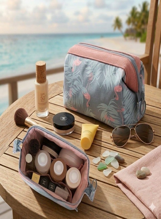 AASHRIT Naylon Cosmetic Toiletry Makeup Pouch with Portable Travel Multipurpose Water-Resistant Zipper Makeup Brush Bags - Flamingo ASPF-2 - Image 1