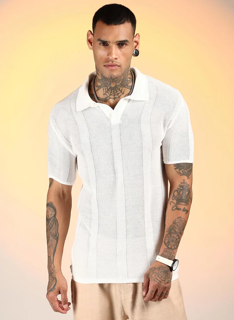 كامبوس سوترا Men's Chalk White Unbalanced-Knit Polo T-Shirt For Casual Wear | Polo Neck | Short Sleeve | Pull On Closure | T-Shirt Crafted With Comfort Fit For Everyday Wear