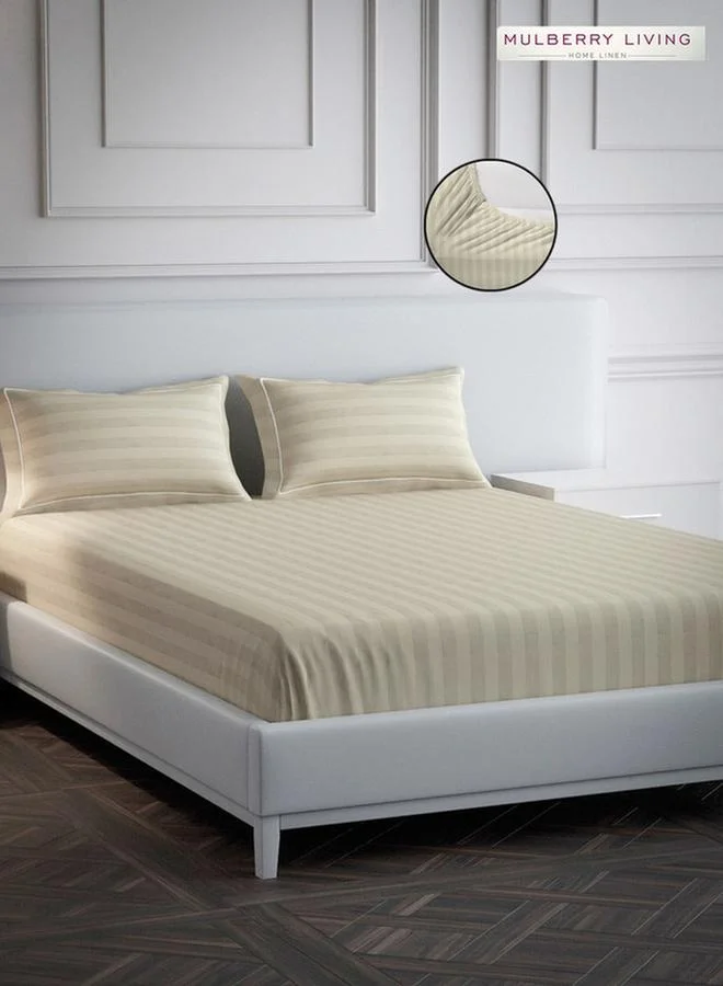Mulberry Living 100% Cotton King Fitted Bedsheet With 2 Pillow Covers - 300Tc Elysian Stripes - Beige