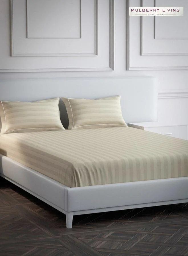 Mulberry Living 100% Cotton King Fitted Bedsheet With 2 Pillow Covers - 300Tc Elysian Stripes - Beige