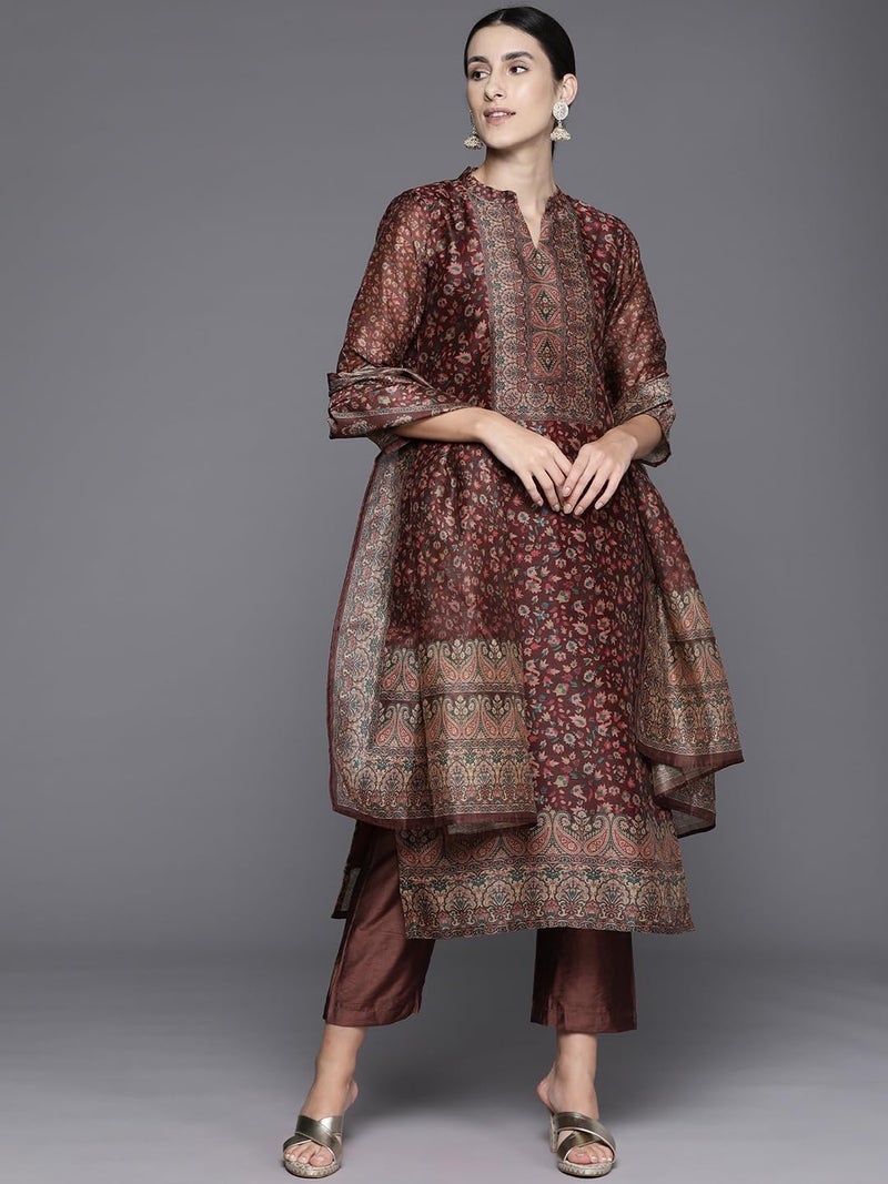 Varanga Women Brown Printed Straight Kurta with Solid Bottom and Printed Dupatta – Floral Mandarin Collar, Three Quarter Sleeves, Side Slits - Image 2