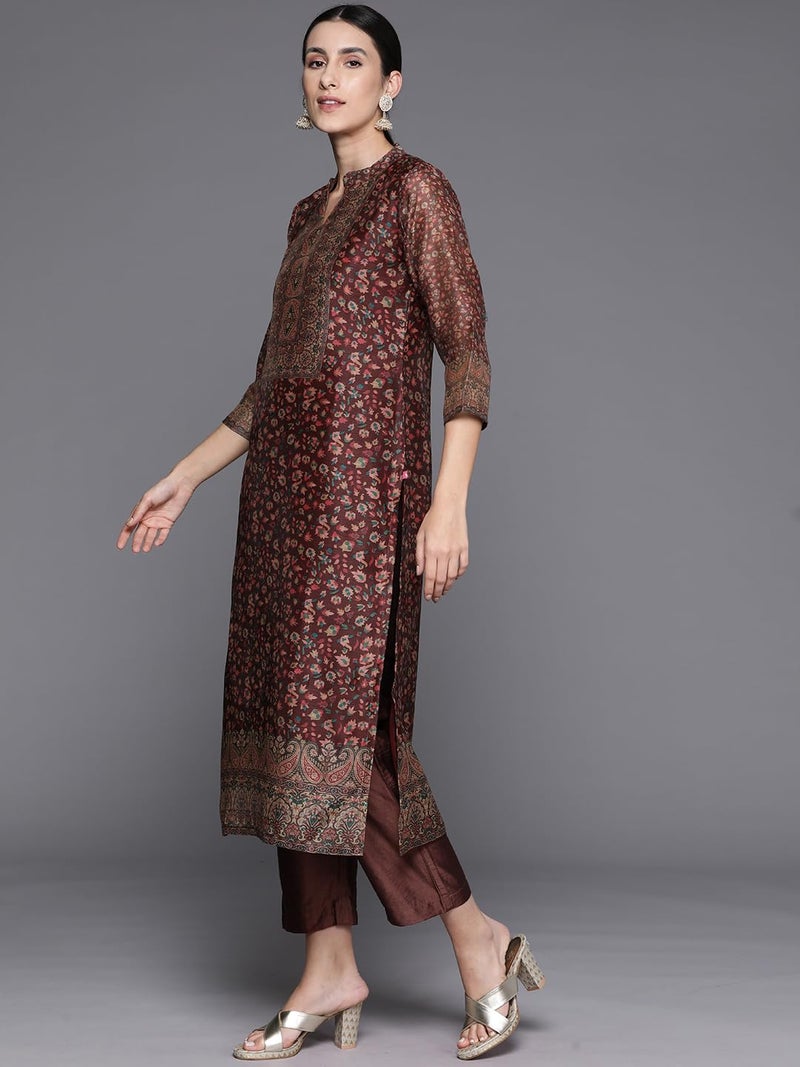 Varanga Women Brown Printed Straight Kurta with Solid Bottom and Printed Dupatta – Floral Mandarin Collar, Three Quarter Sleeves, Side Slits - Image 3