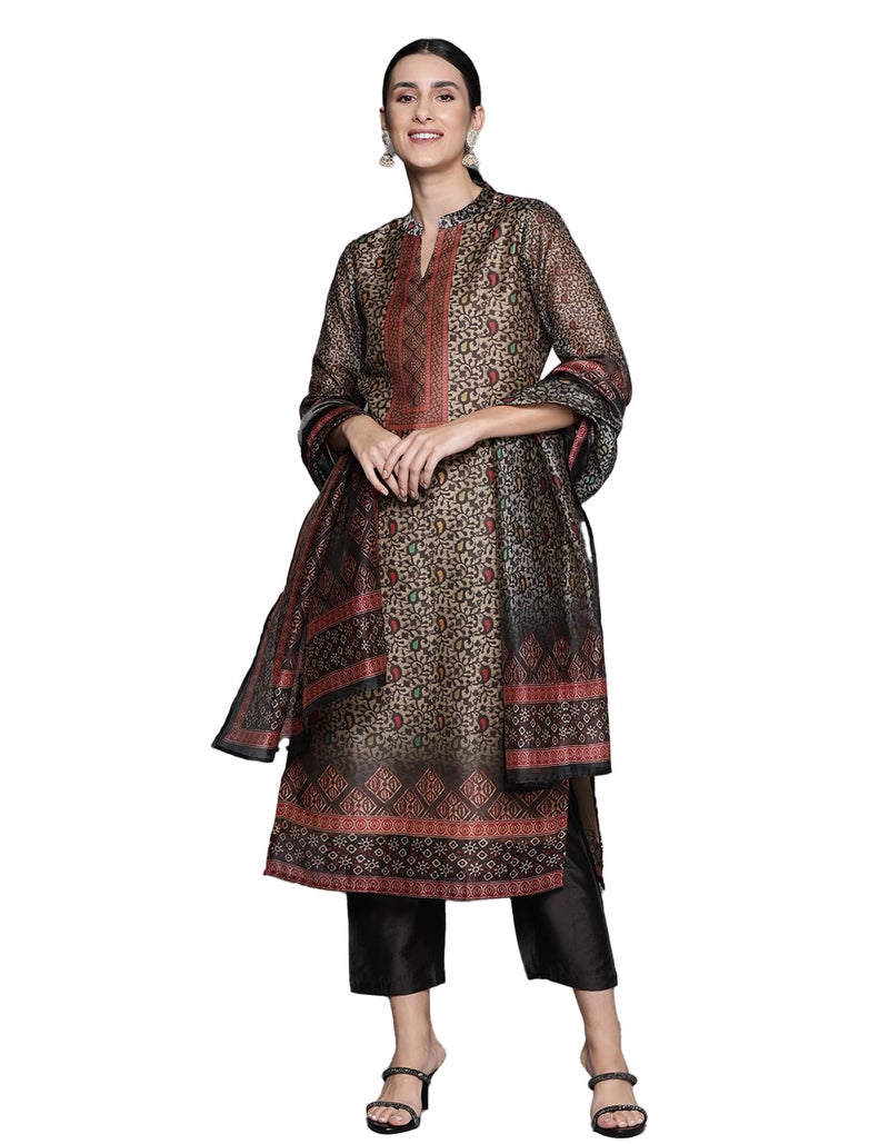 Varanga Women Brown Printed Straight Kurta with Solid Bottom and Printed Dupatta – Floral Mandarin Collar, Three Quarter Sleeves, Side Slits - Image 1