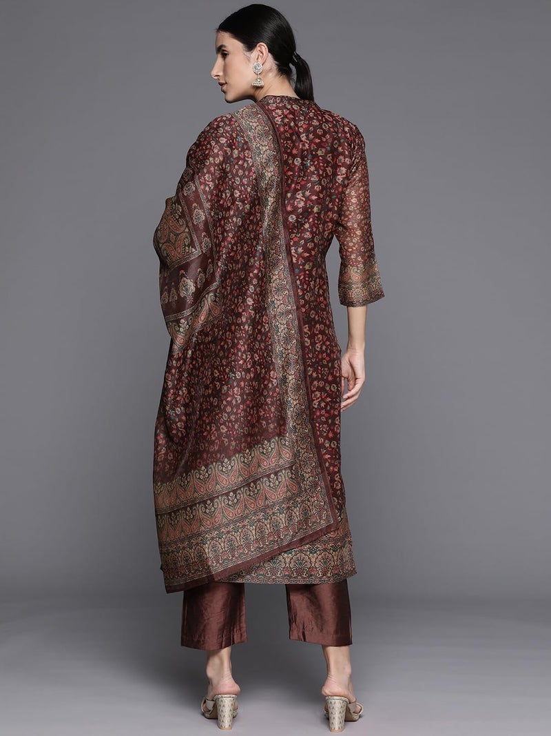 Varanga Women Brown Printed Straight Kurta with Solid Bottom and Printed Dupatta – Floral Mandarin Collar, Three Quarter Sleeves, Side Slits - Image 4