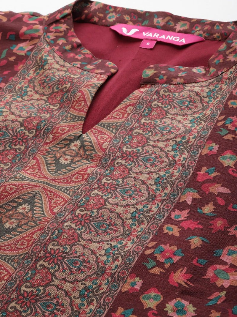 Varanga Women Brown Printed Straight Kurta with Solid Bottom and Printed Dupatta – Floral Mandarin Collar, Three Quarter Sleeves, Side Slits - Image 5