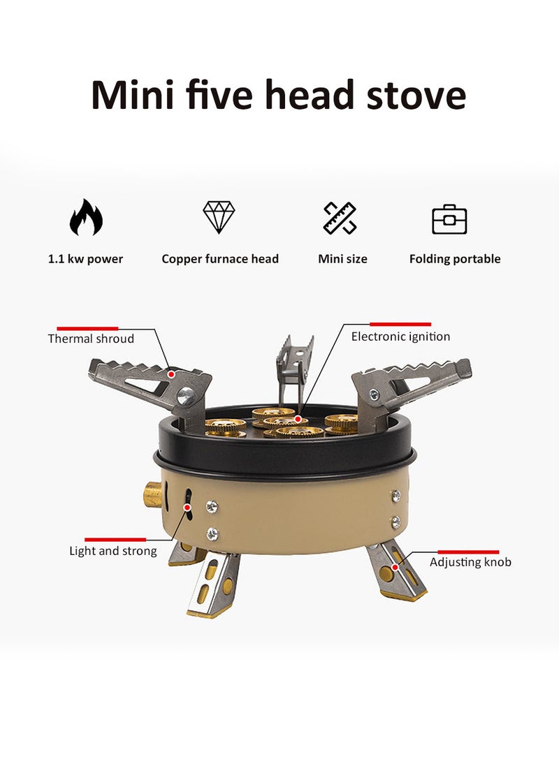 High-Power Portable Gas Camping Stove, Compact Iron Outdoor Cooktop, Windproof Five Burner Design - Ideal for Hiking, Park Picnics, Road Trips