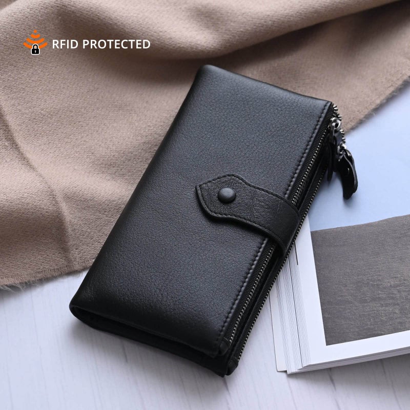 Bveyzi Women Soft Leather RFID Blocking Bifold Slim Wallets Ladies Credit Card Holder Double Zipper Pocket(Black) - Image 3