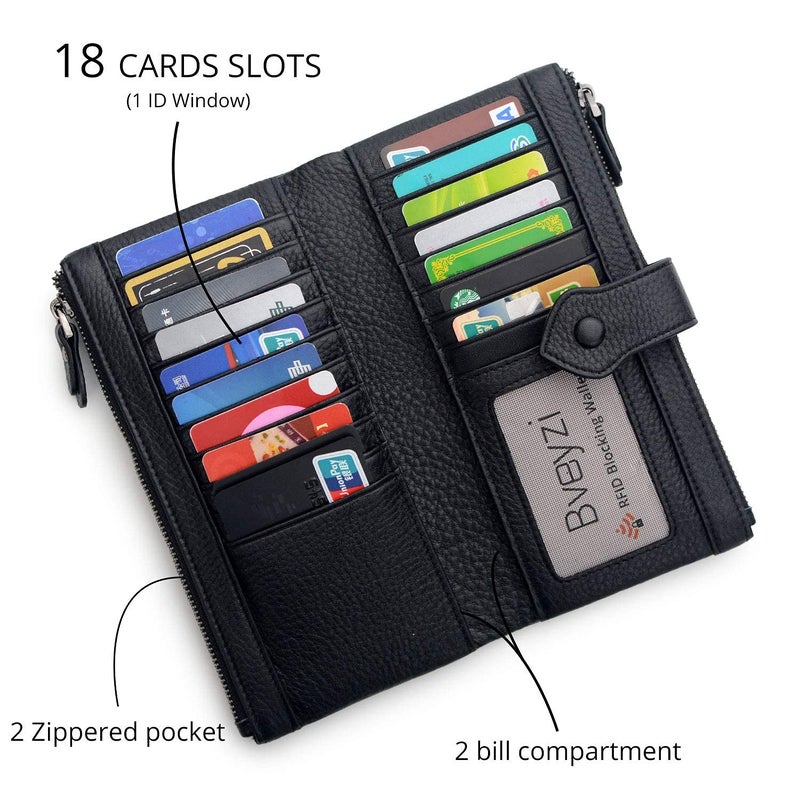 Bveyzi Women Soft Leather RFID Blocking Bifold Slim Wallets Ladies Credit Card Holder Double Zipper Pocket(Black) - Image 4
