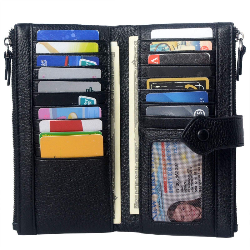 Bveyzi Women Soft Leather RFID Blocking Bifold Slim Wallets Ladies Credit Card Holder Double Zipper Pocket(Black) - Image 1