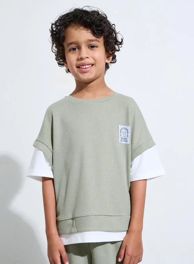 Styli Boys Green Knitted Patchwork Oversized T-Shirt and Shorts Set