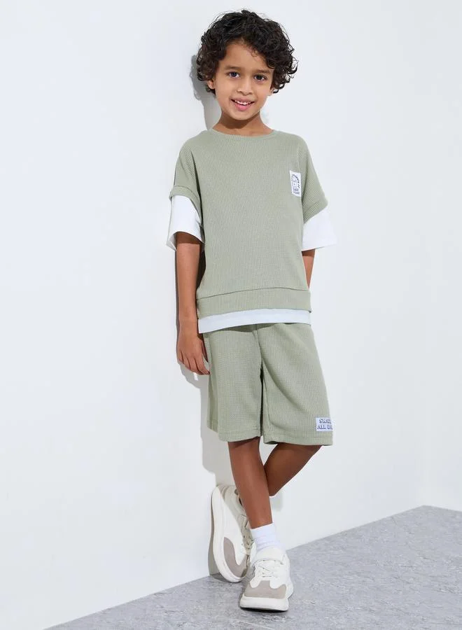 Styli Boys Green Knitted Patchwork Oversized T-Shirt and Shorts Set