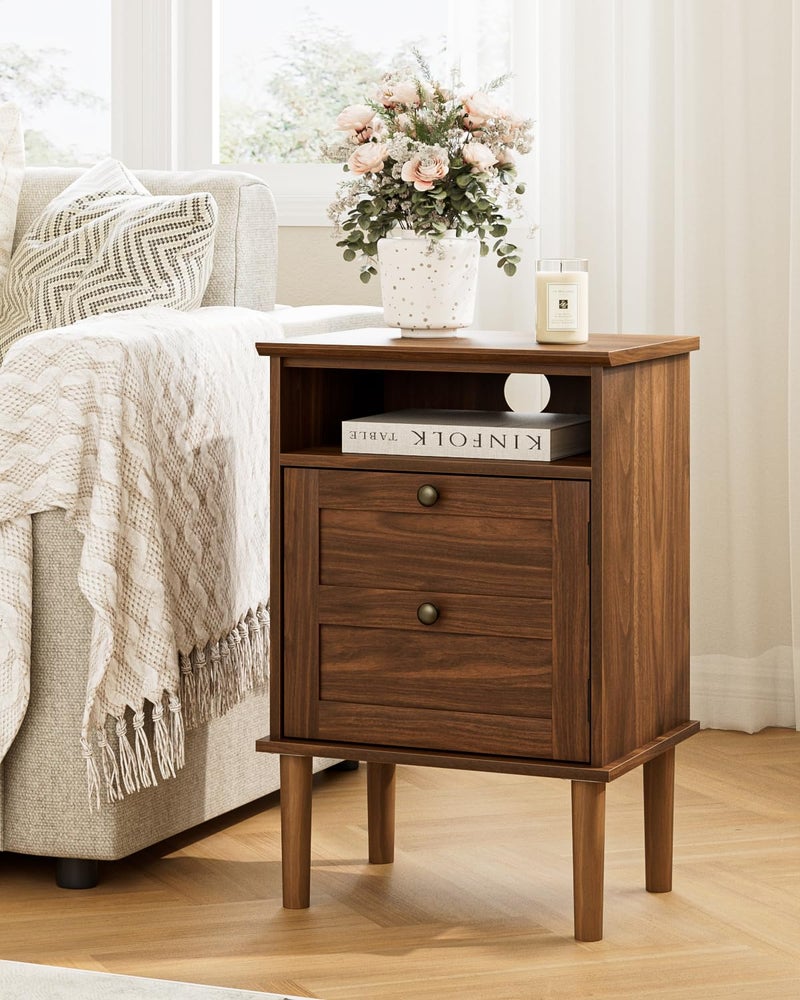 Apetaccat Nightstand, Boho Night Stand with 1 Drawer, Modern Side Accent Table with Open Shelf, Wooden Top Bedside End Table for Bedroom, Living Room, Walnut - Image 4
