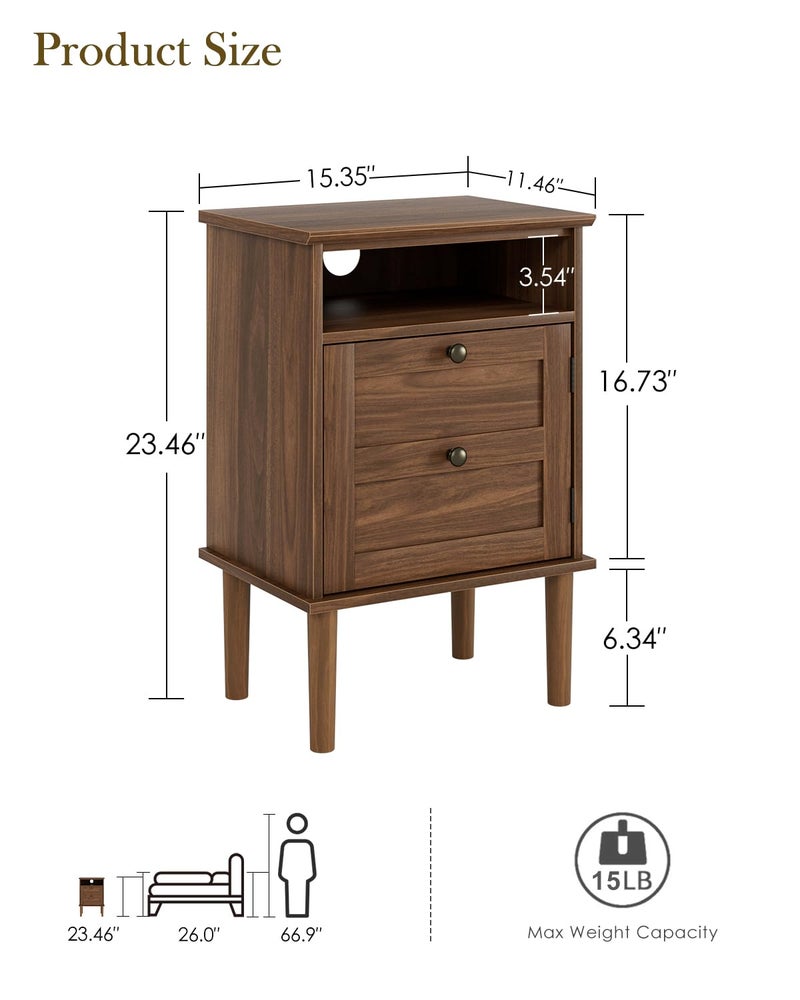 Apetaccat Nightstand, Boho Night Stand with 1 Drawer, Modern Side Accent Table with Open Shelf, Wooden Top Bedside End Table for Bedroom, Living Room, Walnut - Image 2