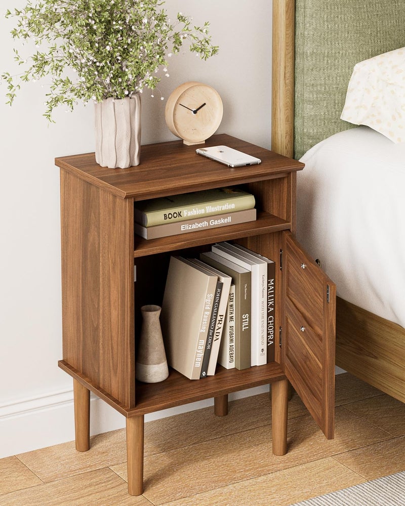 Apetaccat Nightstand, Boho Night Stand with 1 Drawer, Modern Side Accent Table with Open Shelf, Wooden Top Bedside End Table for Bedroom, Living Room, Walnut - Image 5