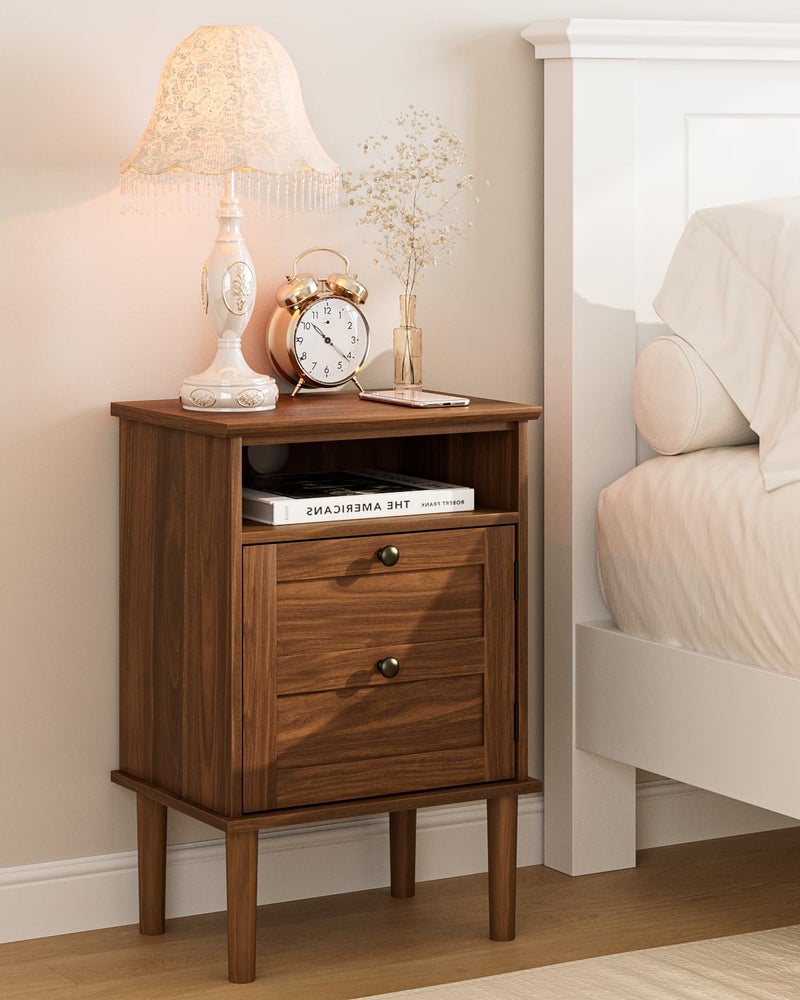 Apetaccat Nightstand, Boho Night Stand with 1 Drawer, Modern Side Accent Table with Open Shelf, Wooden Top Bedside End Table for Bedroom, Living Room, Walnut - Image 1