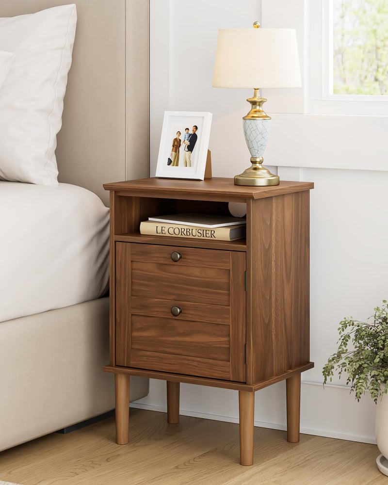 Apetaccat Nightstand, Boho Night Stand with 1 Drawer, Modern Side Accent Table with Open Shelf, Wooden Top Bedside End Table for Bedroom, Living Room, Walnut - Image 3