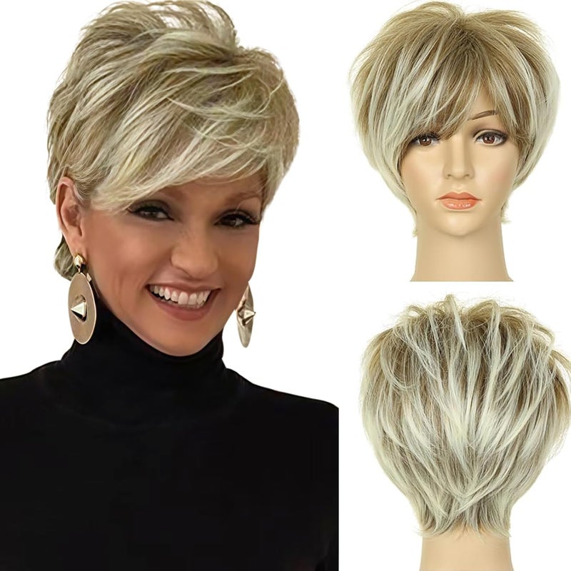 QUEENTAS Pixie Short Blonde Wig with Bangs Dark Roots Synthetic Hair Wigs for White Women Brown Mixed Blonde