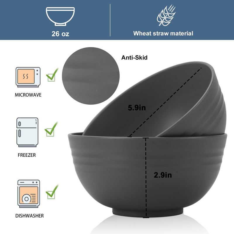Wrova Wheat Straw Bowl Sets for Camping8 PCS Unbreakable Cereal Bowls 26 OZMicrowave and Dishwasher Safe BowlsKids Bowl suitable for cerealsaladsnack and soup Deep Grey - Image 2