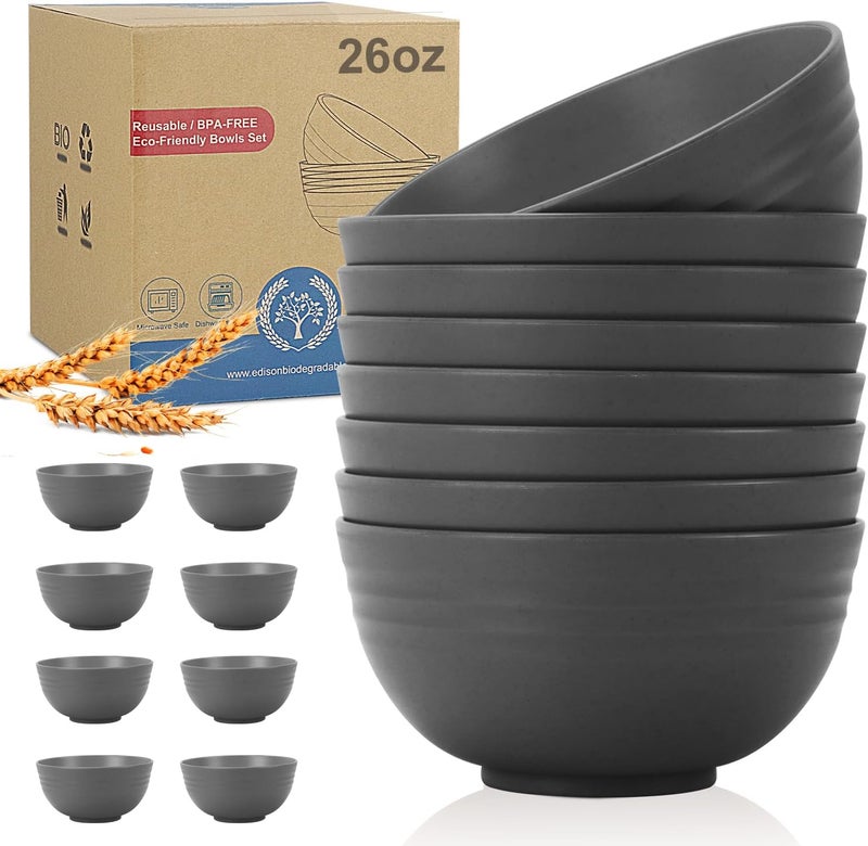 Wrova Wheat Straw Bowl Sets for Camping8 PCS Unbreakable Cereal Bowls 26 OZMicrowave and Dishwasher Safe BowlsKids Bowl suitable for cerealsaladsnack and soup Deep Grey - Image 1