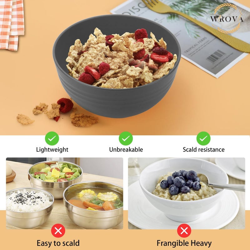 Wrova Wheat Straw Bowl Sets for Camping8 PCS Unbreakable Cereal Bowls 26 OZMicrowave and Dishwasher Safe BowlsKids Bowl suitable for cerealsaladsnack and soup Deep Grey - Image 4