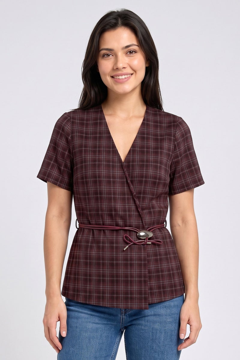 Threadbare Women Regular Fit Plaid Casual Blazer, Maroon - Image 1
