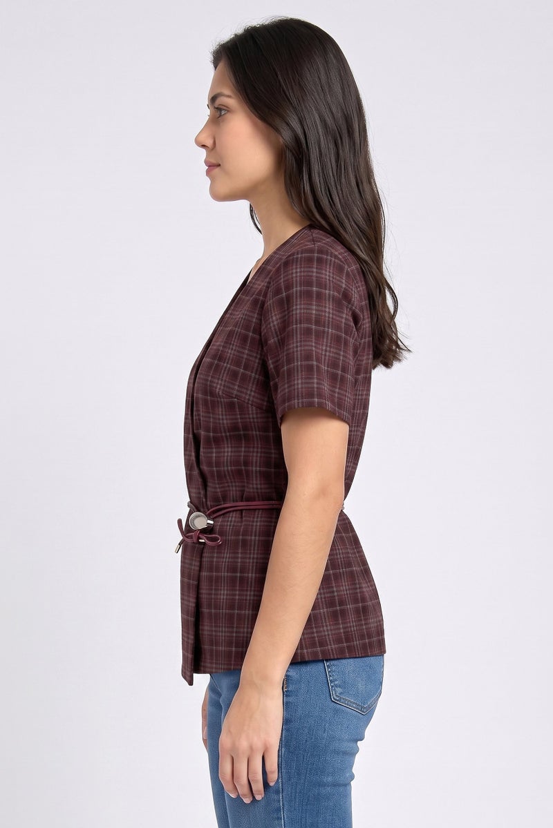 Threadbare Women Regular Fit Plaid Casual Blazer, Maroon - Image 3