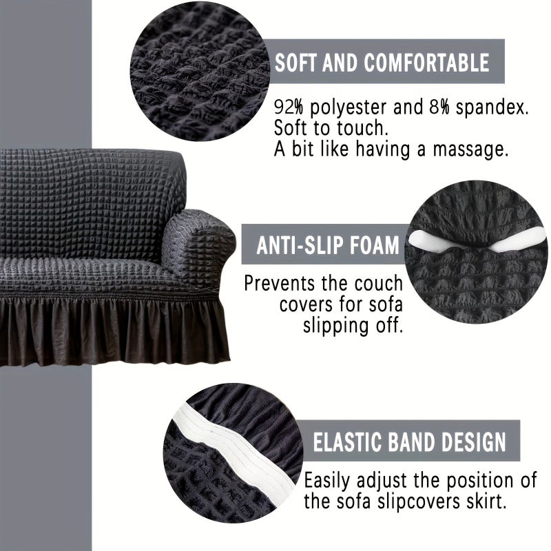 9# Dark Gray 4 Seater Seersucker Full Coverage Elastic Armrest Sofa Cover - Image 5